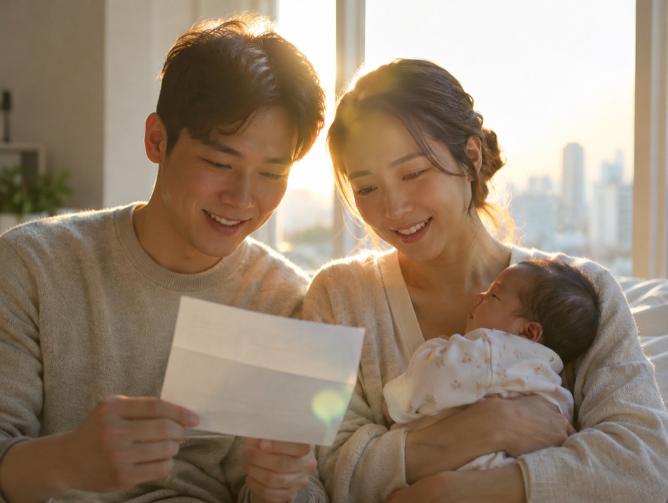 신생아를 안고 안내문을 함께 읽는 젊은 부모