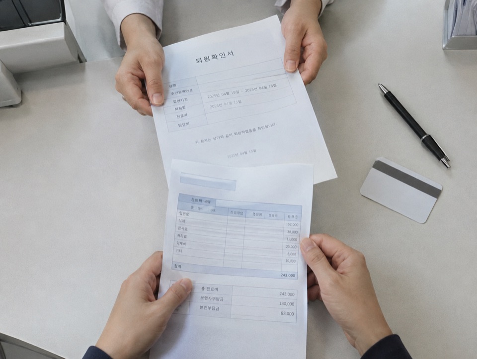 퇴원 서류와 진료비 계산서를 든 손