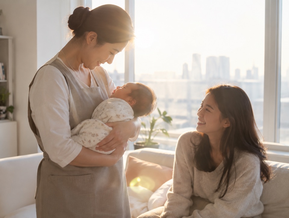 신생아를 안은 산후도우미와 소파에서 웃는 산모