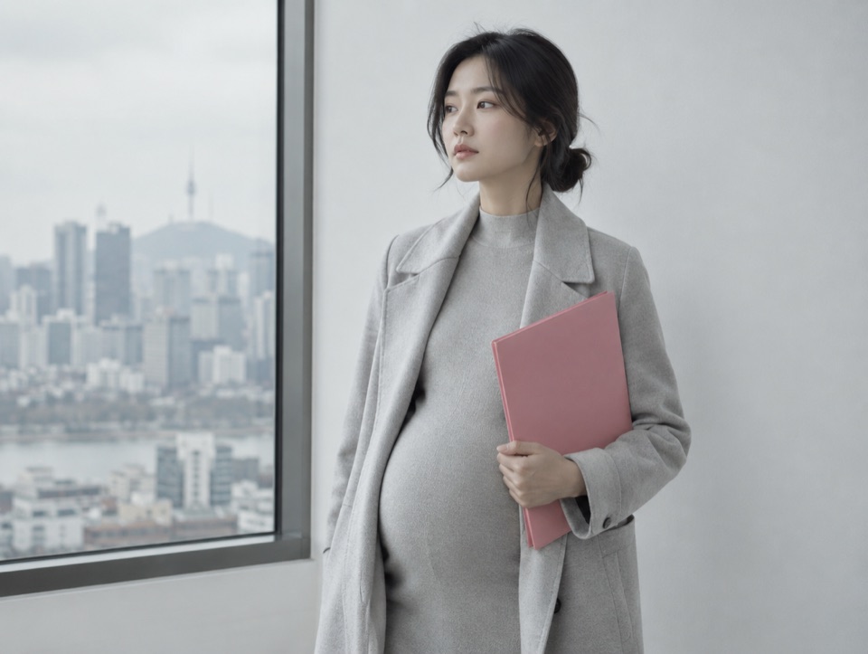 서울 도심이 보이는 창가에 분홍 서류철을 든 임산부