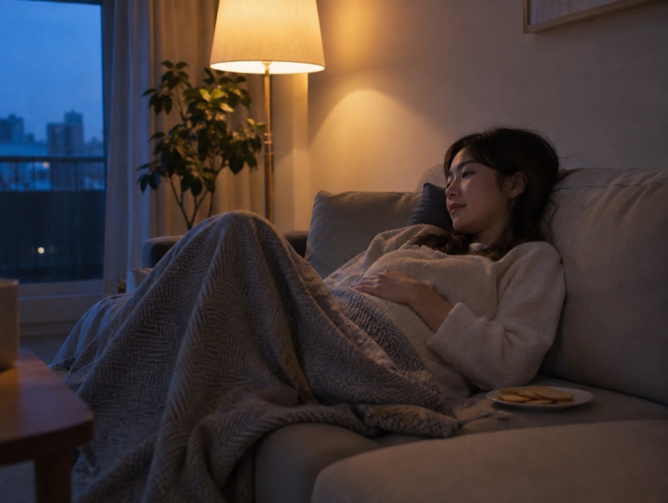 거실 소파에 담요를 덮고 누워 휴식하는 임신 초기 여성과 옆에 놓인 크래커 접시