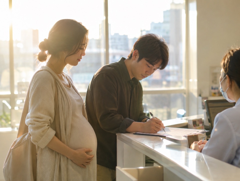 병원 원무과에서 온라인 출생신고 동의서에 서명하는 예비 아빠