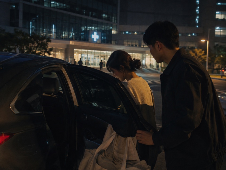 출산가방을 들고 밤에 차를 타고 병원으로 향하는 부부