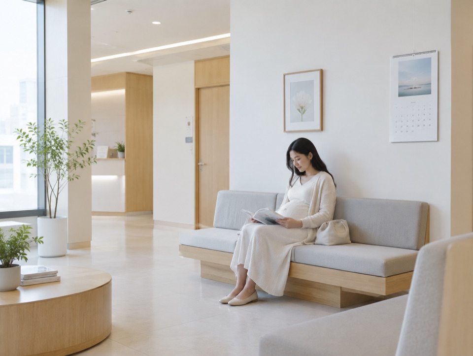 산부인과 대기실 의자에 앉아 산모수첩을 펼쳐 보는 임신 중기 여성