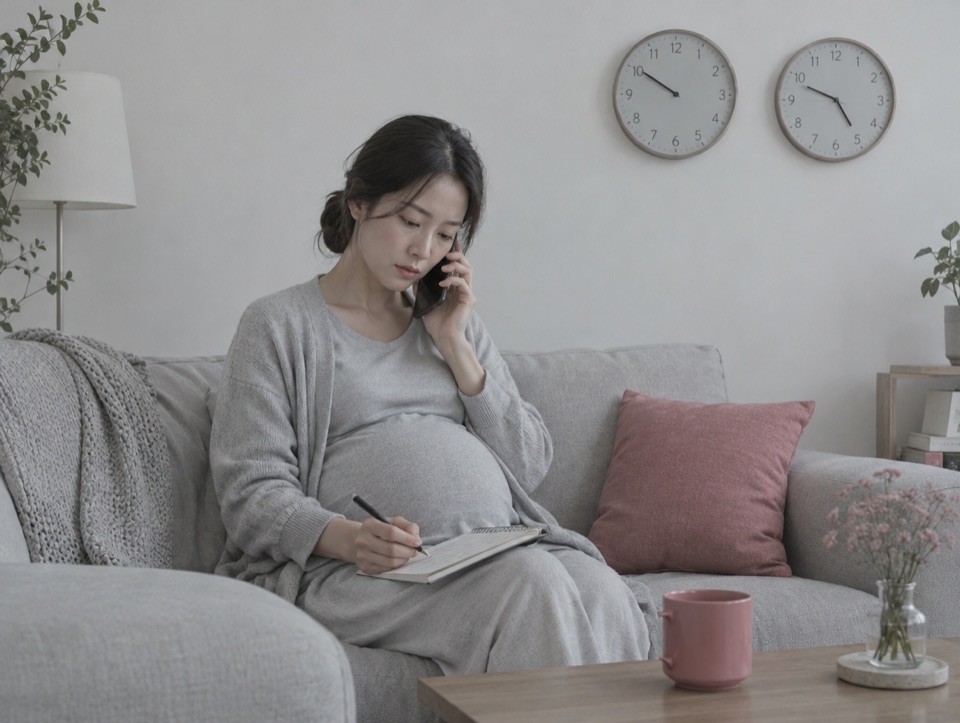 소파에 앉아 전화로 산후도우미 업체에 문의하며 메모하는 임신부