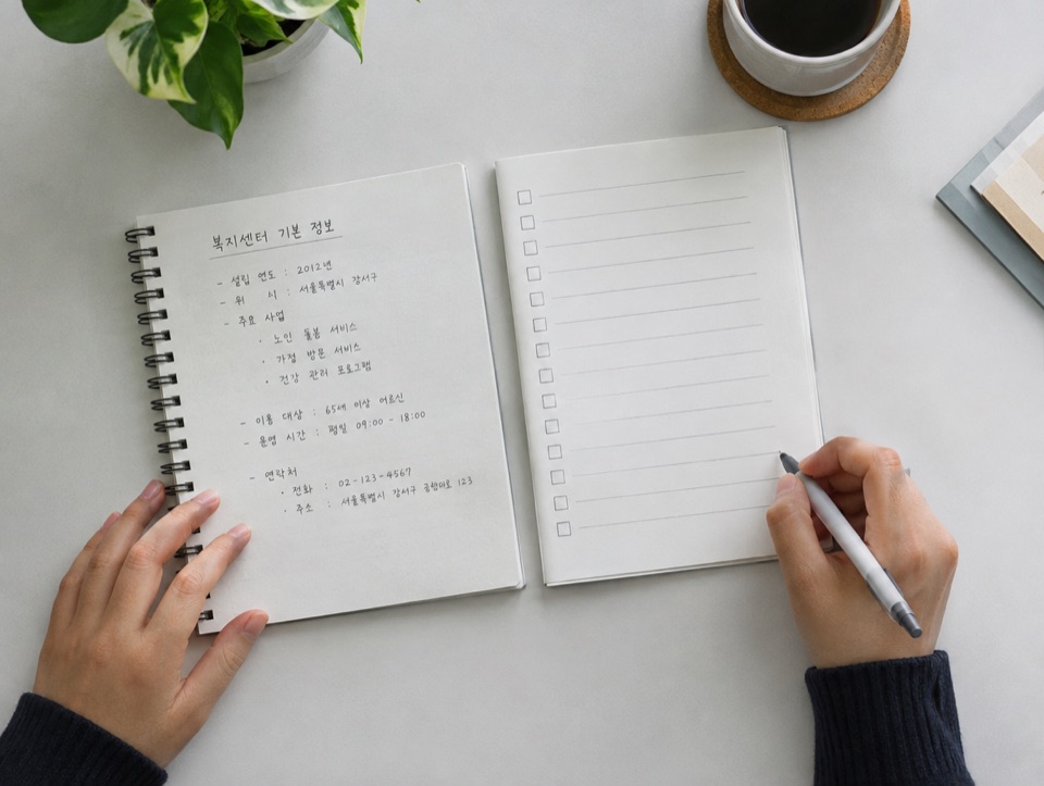 조리원 정보가 적힌 수첩 옆에 빈 체크리스트를 펼쳐 둔 책상
