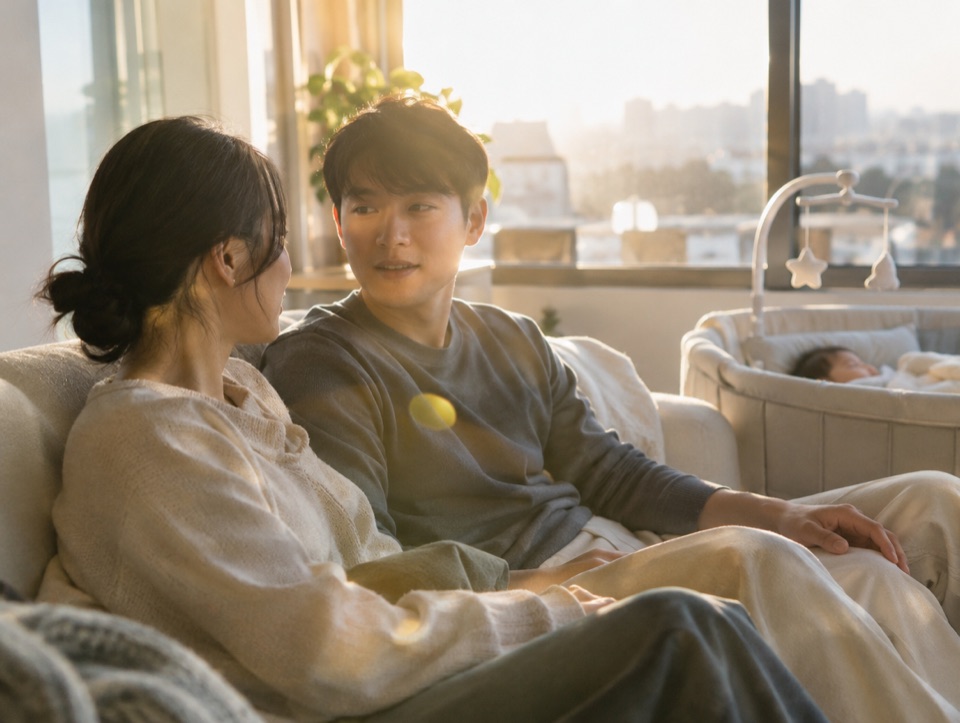 소파에 나란히 앉아 조용히 이야기를 나누는 산모와 남편