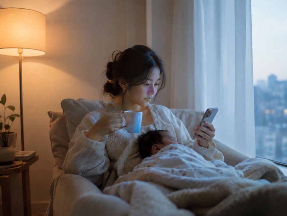 창가에서 따뜻한 차를 들고 휴대전화를 쥔 채 차분히 쉬는 산모
